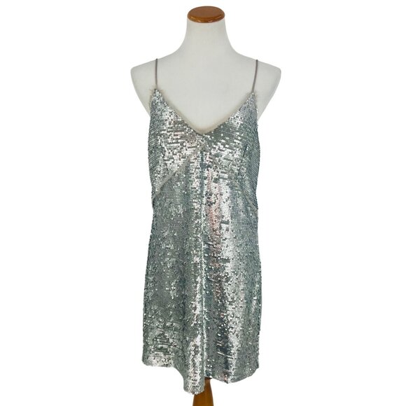 Mango Silver Sequin & Mesh Trim V-Neck Spaghetti Strap Mini Party Cocktail Dress - Picture 2 of 16
